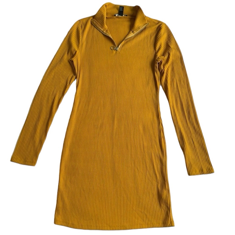 Forever 21 Ribbed Knit Dress Zipper Long Sleeves Yellow Bodycon JUNIORS large